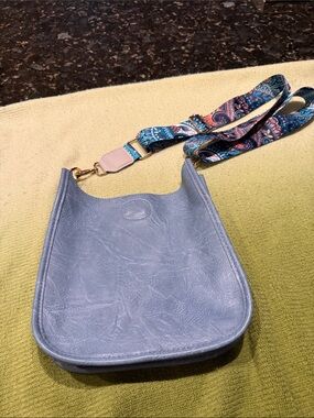 Light Blue Crossbody Bag with Patterned Strap